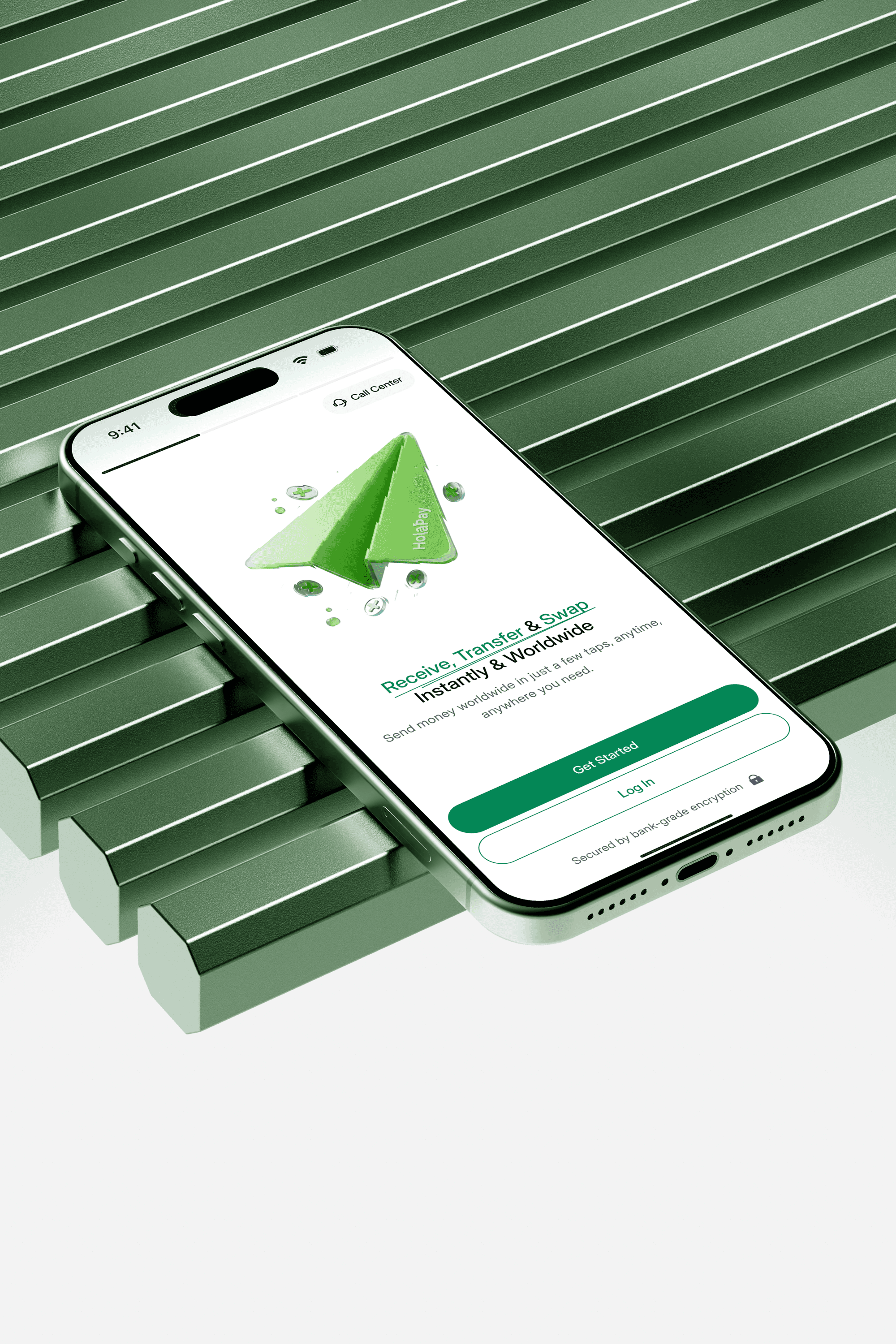 HolaPay wallet app on a phone standing against green corrugated panels