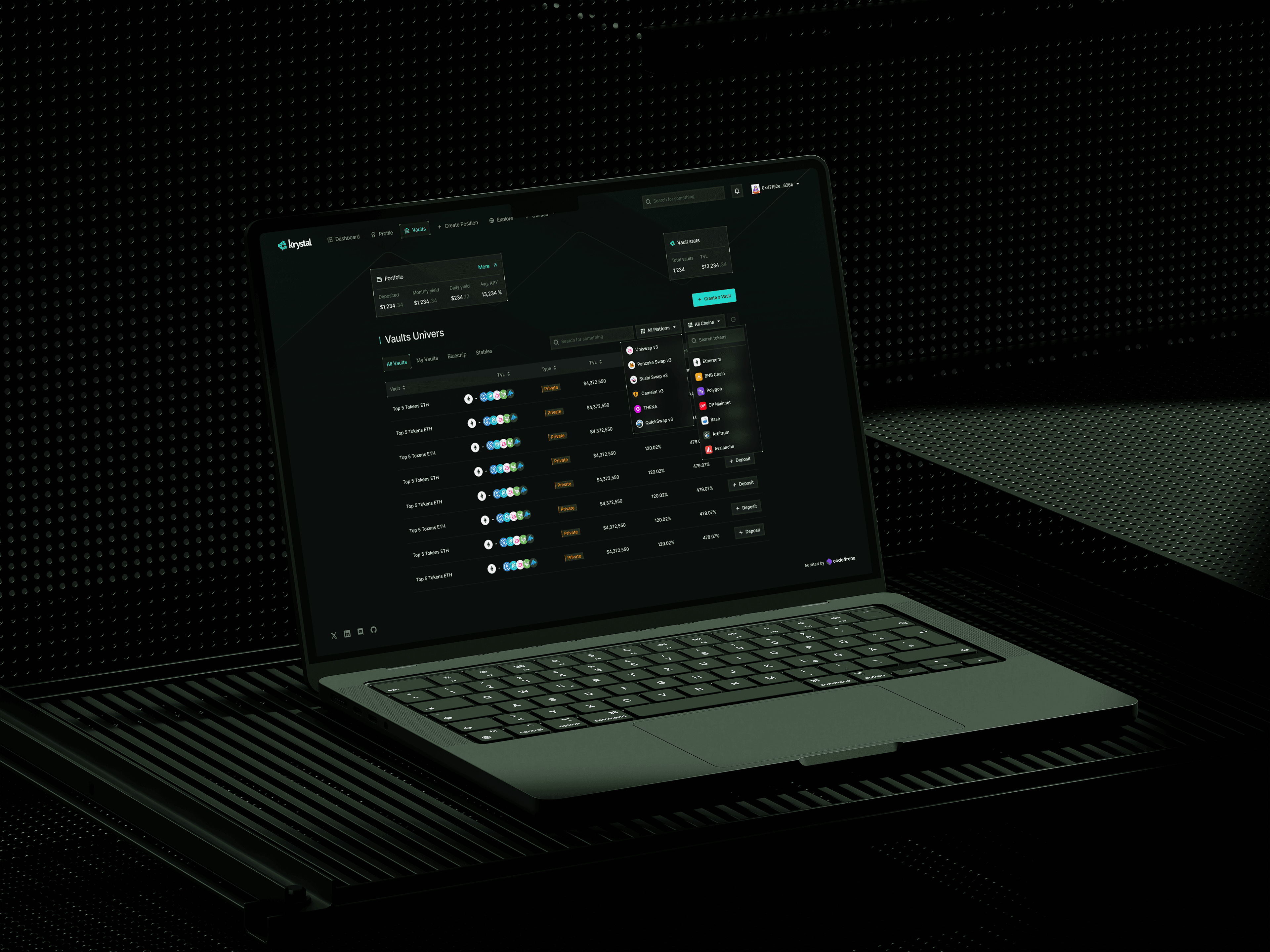 The Krystal Vault dashboard on a laptop in a dark studio