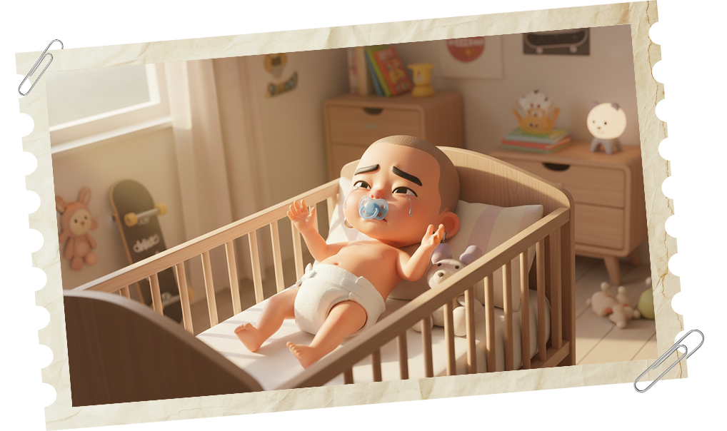 A newborn lying in a wooden crib in a softly lit nursery.