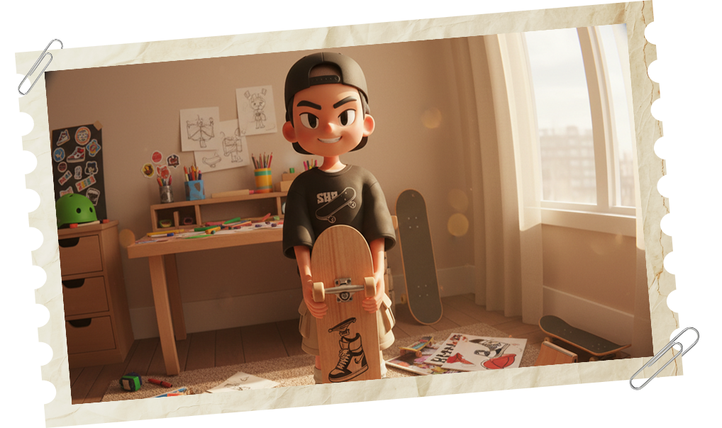 A young boy holding a skateboard in a sunlit bedroom full of art supplies.