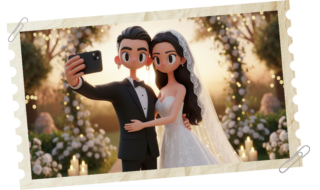 A couple in wedding attire taking a selfie in a candle-lit garden at golden hour.